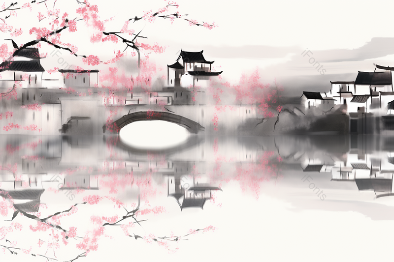 水墨江南水乡桃花柳树国画手绘插画,插画/手绘图,插画/手绘图库,插画/手绘图下载,插画/手绘